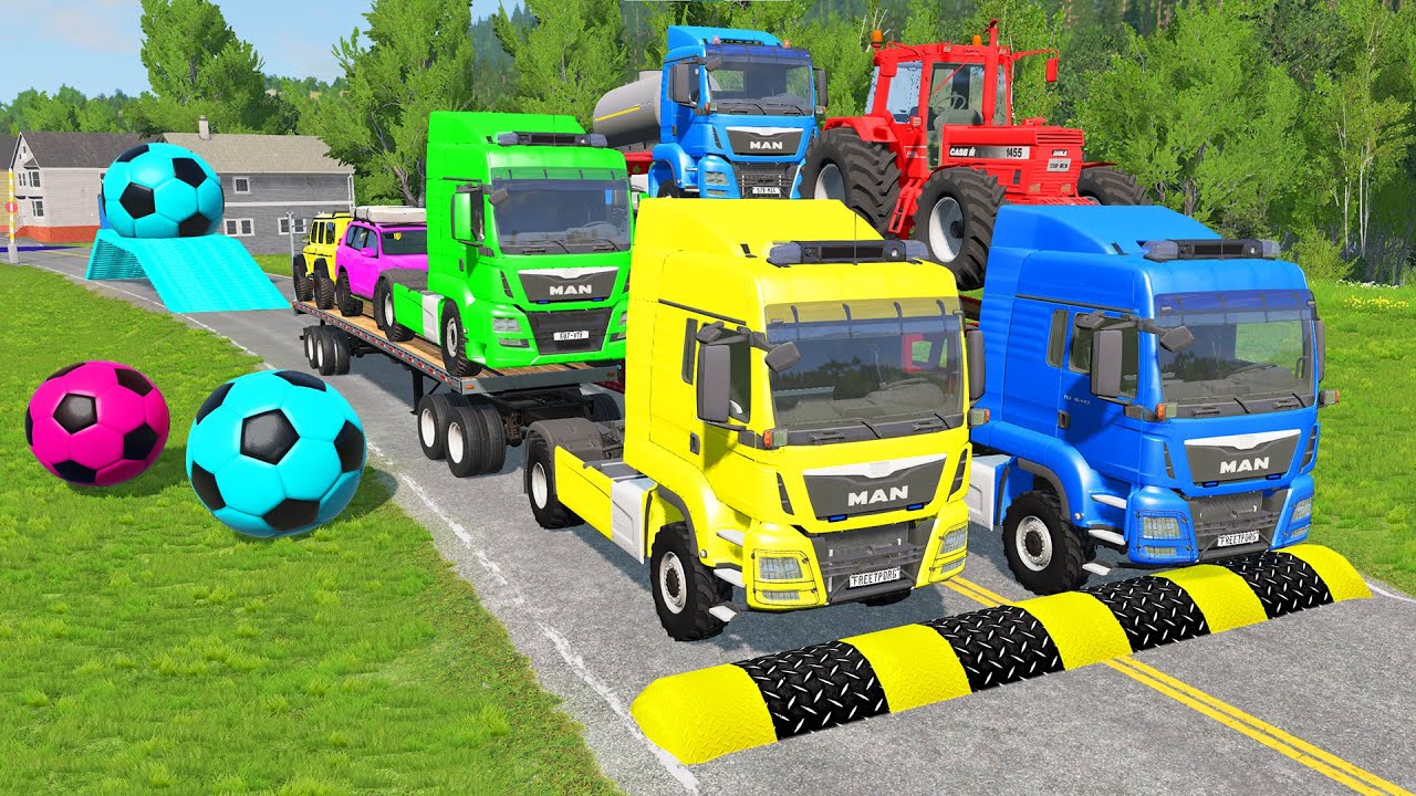 Triple Flatbed Trailer McQueen Transportation with Truck - Speedbumps vs Cars vs Train - BeamNG #
