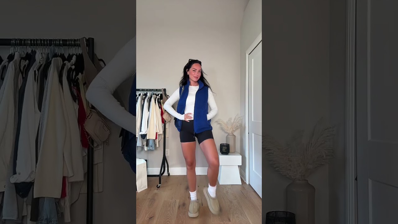 The easiest fall uniform ✨ fleece vest, biker shorts, cozy socks 🖤 Linked on my LTK in the “outfit