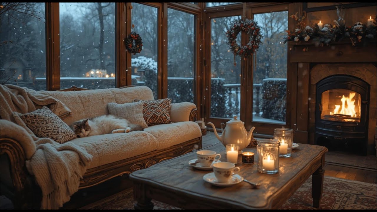 🎄Winter Christmas Fireplace & Cat Purring 🐾 | Cozy Evening Ambience for Sleep & Relaxation