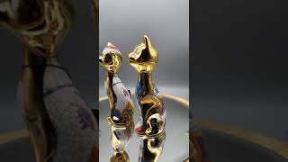 Vintage 24k gold plated two cats porcelain figurines Gual Art with Certificate
