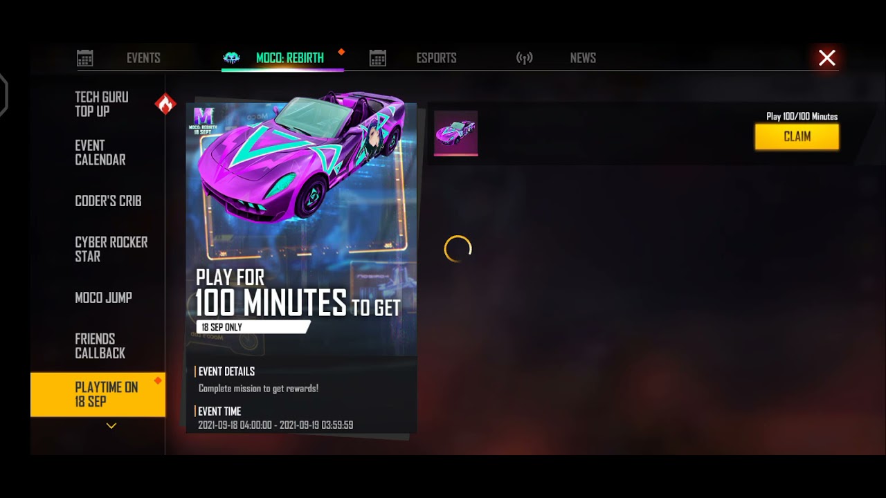 HOW TO PLAY 100 MINUTES GAME FREE FIRE PLAY FOR 100 MINUTES TO GET CLAIM CAR SKIN