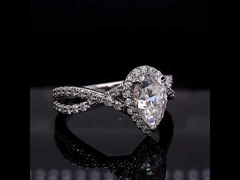 Pear Split Shank Cathedral Halo Moissanite Engagement Ring ring video