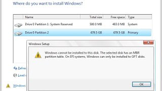 Windows cannot be installed to this disk, the selected disk has an MBR partition table