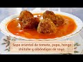 Sopa oriental de tomate, papa, hongo shiitake y albóndigas de soya (Receta vegana)