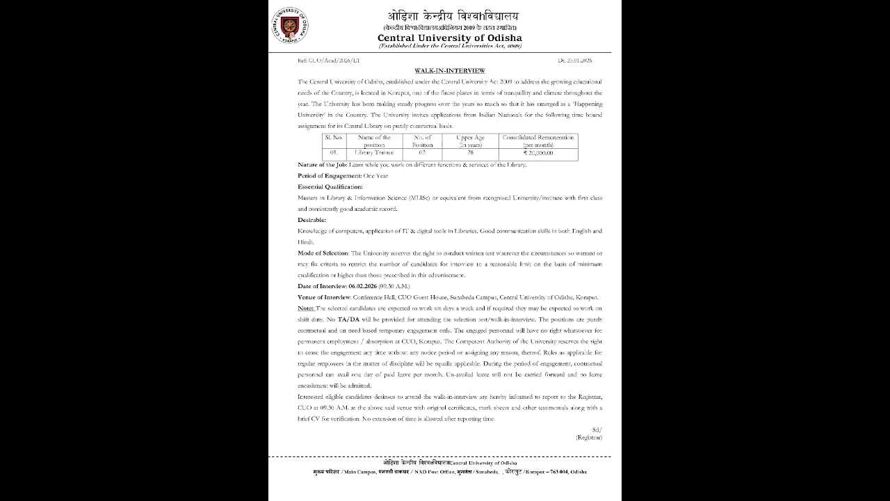 Walk in Interview Library Trainee Central University of Odisha