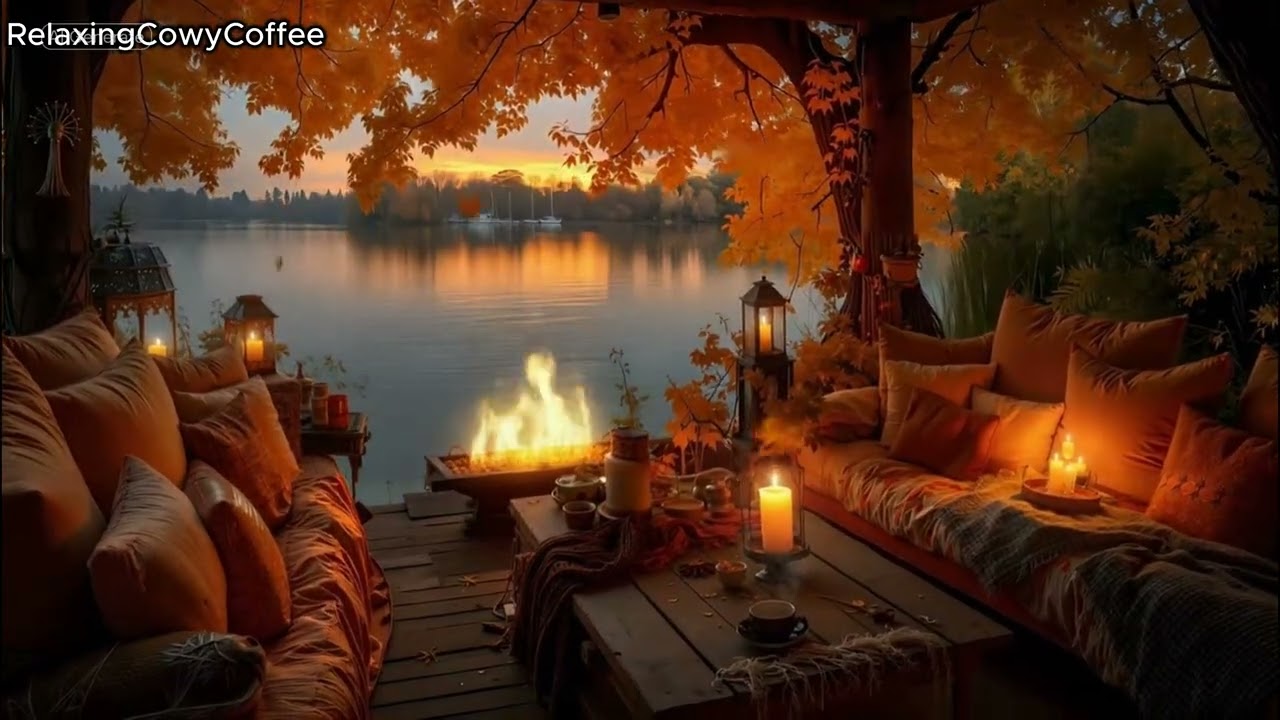 “Quiet Jazz by the Lake | Cozy Outdoor Ambience of an Autumn Café with a Fireplace” 🎶🍂