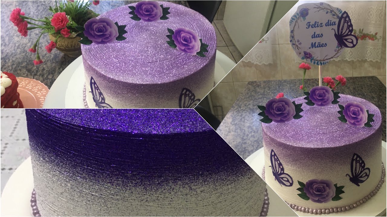 Bolo Branco com Glitter Roxo/Lilás duas decorações parecidas