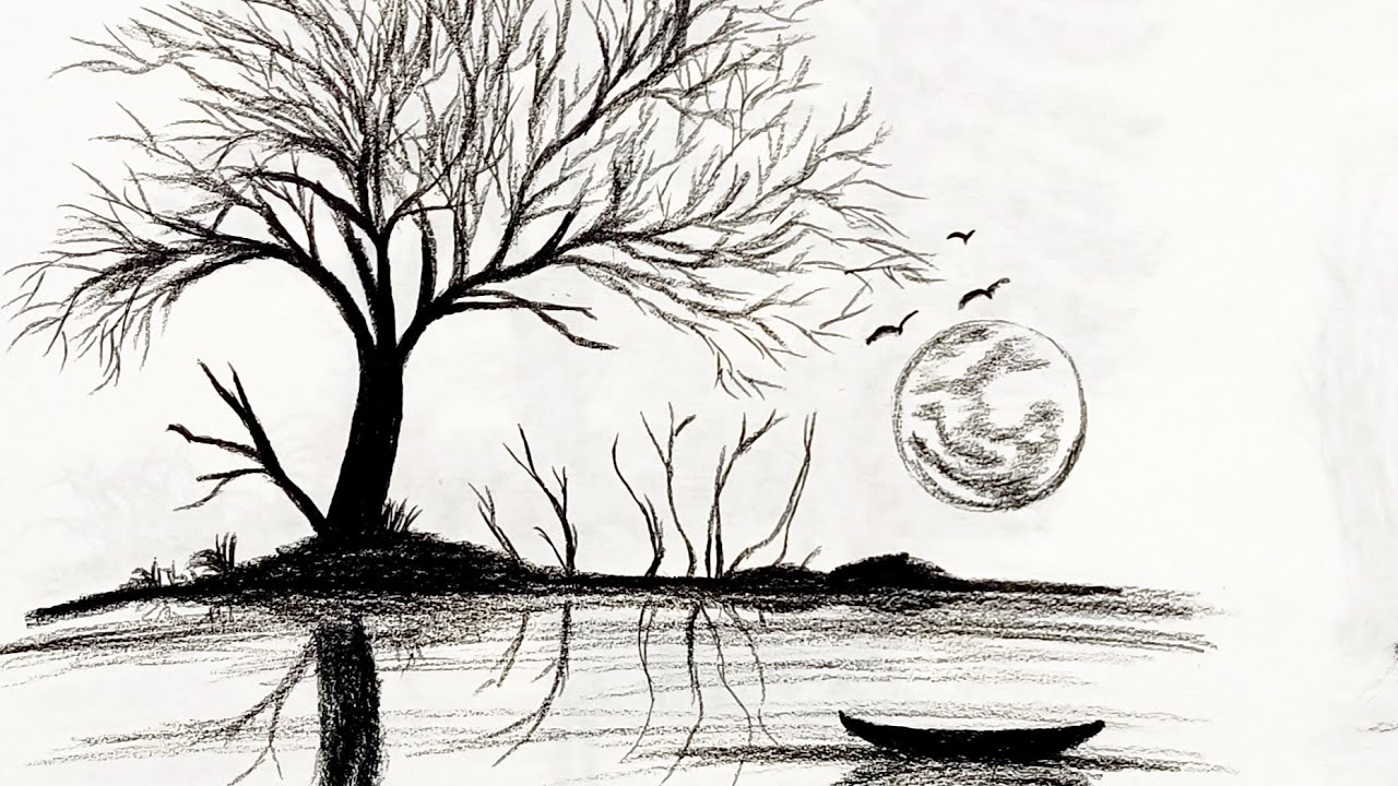 Magic of Silence | Leafless Tree with Boat & Sunset Illustration