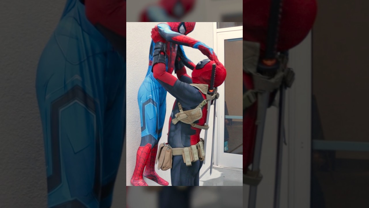 Deadpool found an itsy-bitsy Spider-Man 😯 #deadpool #spiderman #cosplay