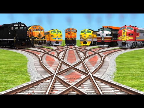 🇺🇸 American Locomotives Racing Through a Rail Crossing & Forked Tracks | USA Railways