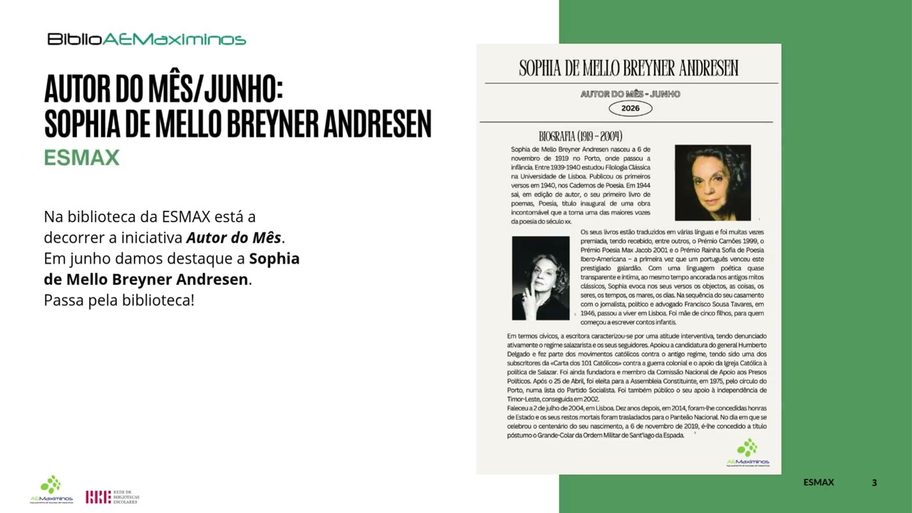 Autor do Mês/Junho: Sophia de Mello Breyner Andresen - ESMAX