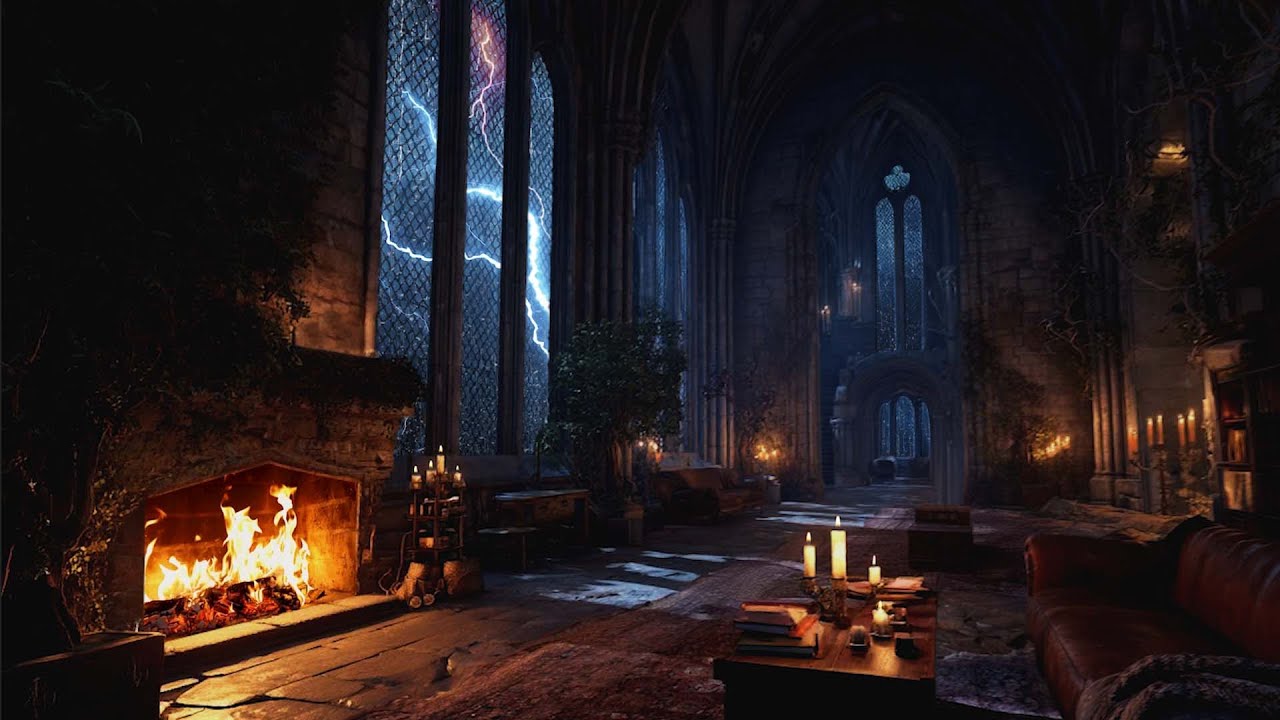 Cozy Historic Castle Night Ambience – Rainstorm, Thunder & Crackling Fireplace for Deep Sleep