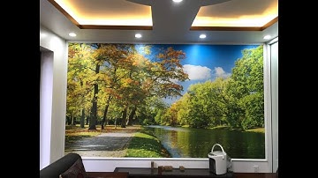 Phòng khách lãng mạn với tranh 3D mùa thu vàng | Tranh 3D dán tường Hải Phòng |Tranh 3D Funpi