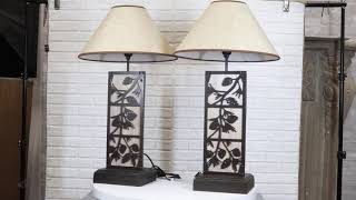 Set of 2 Rustic Western Pinecone On Branches Wood Metal Bedside Table Lamps