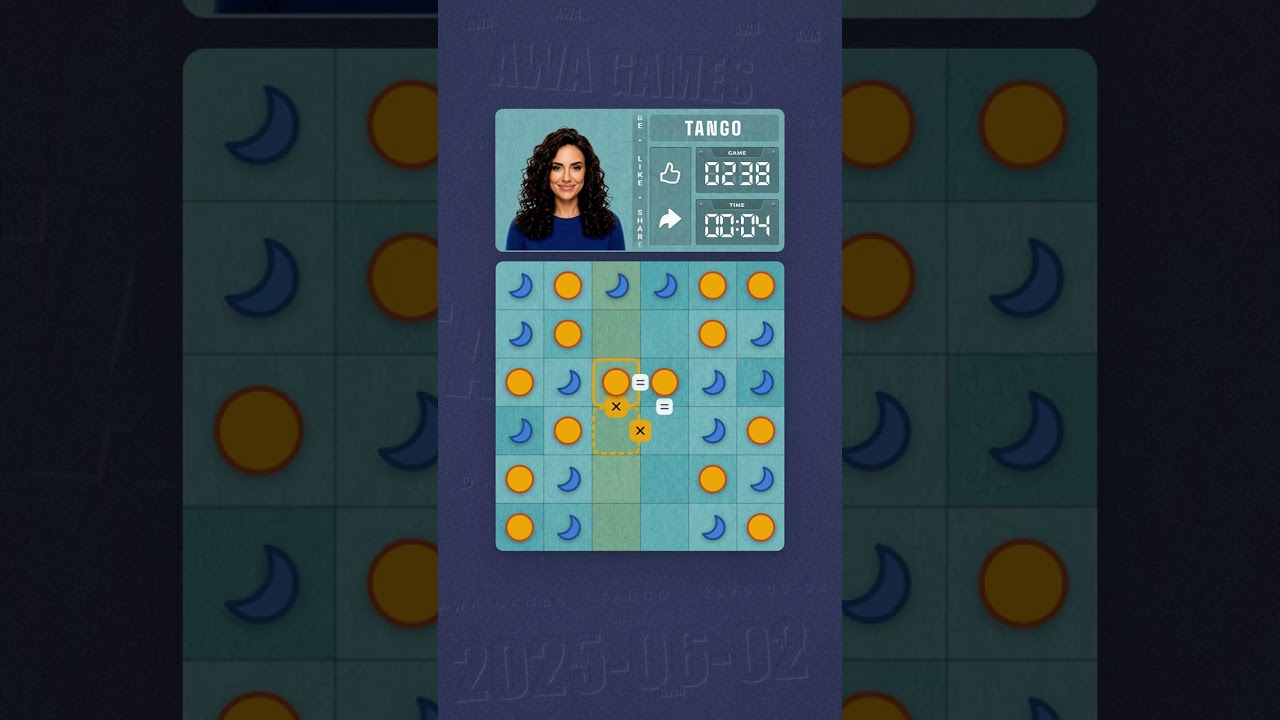LinkedIn Tango #238 solved board for June 2, 2025, 6x6 grid