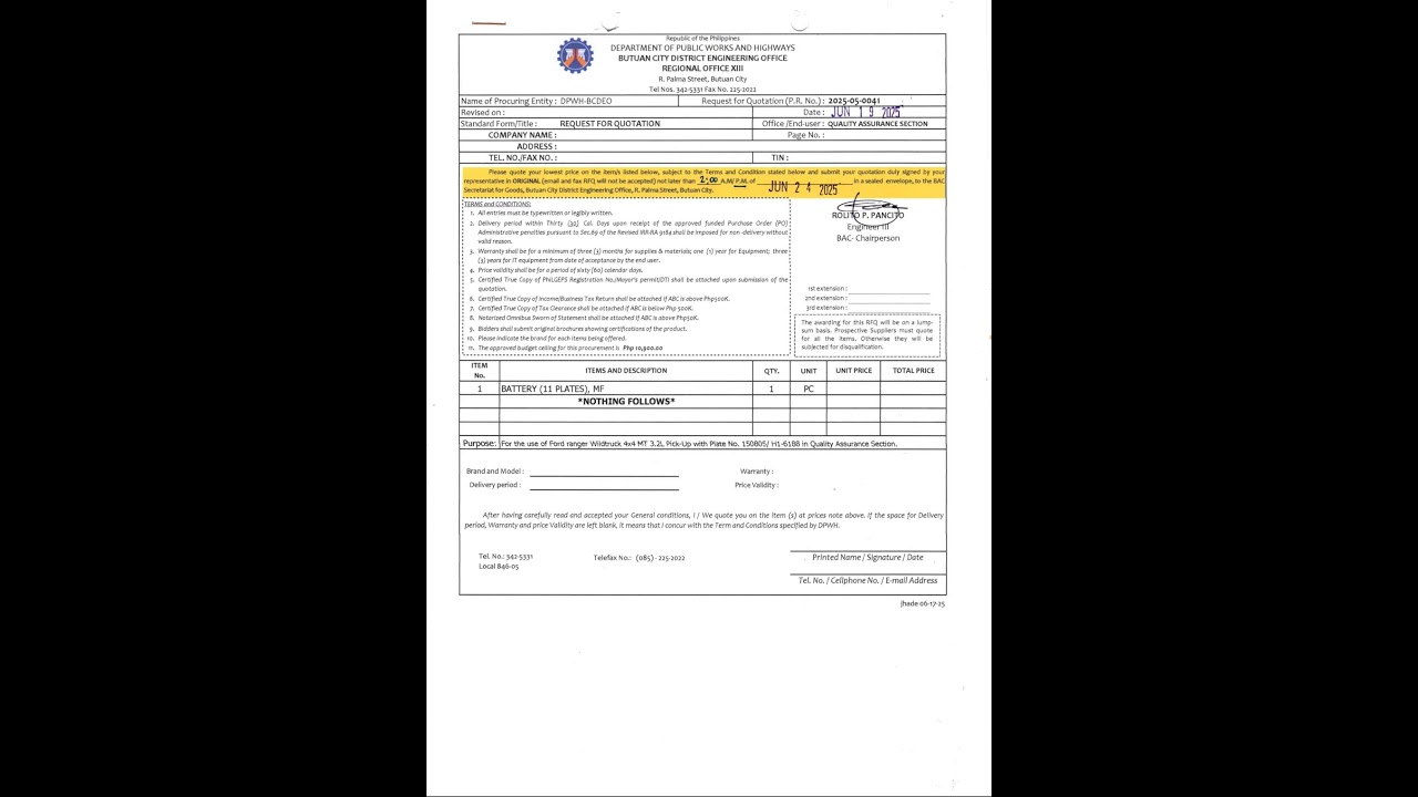 Request for Quotation (RFQ) for Purchase Request (P.R) No. 2025-05-0041 dated May 29, 2025