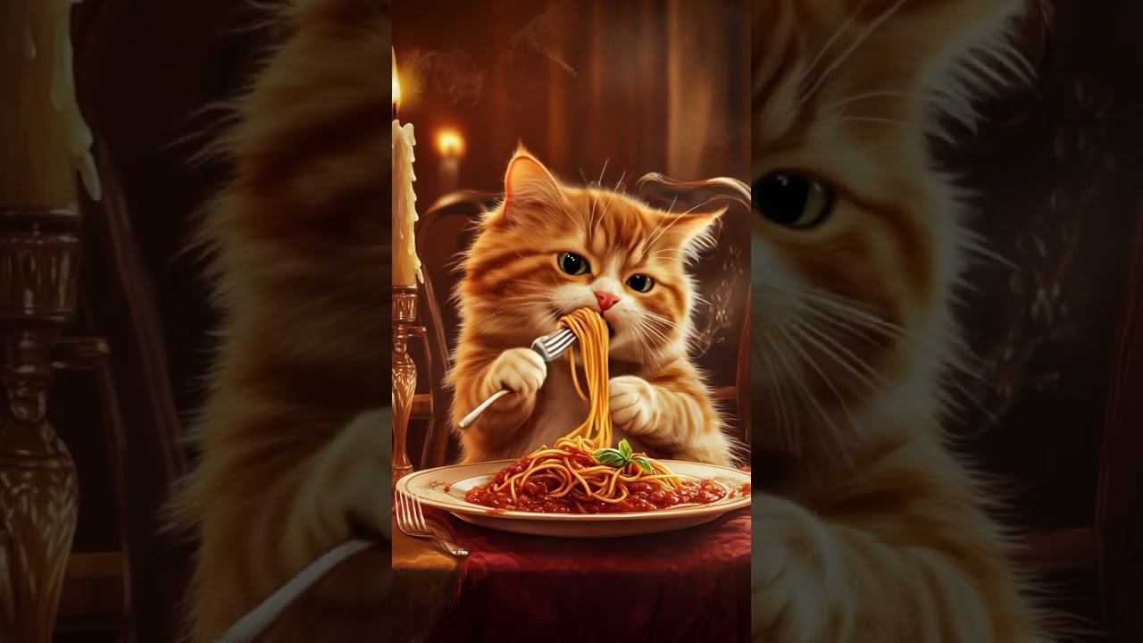 Kitty learned to eat spaghetti bolognese with a fork 