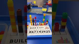 Here’s a fun preschool math tray: we’re using a “build-a-city” mat with correlating numbers