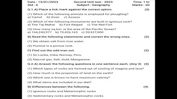 Class 6 Geography Question paper | Second Unit Test - 2023 | #modelquestionpaper