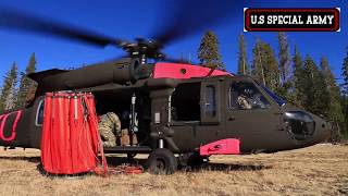 California National Guard UH 60M Black Hawk Fire Camp Fire Aerial B roll