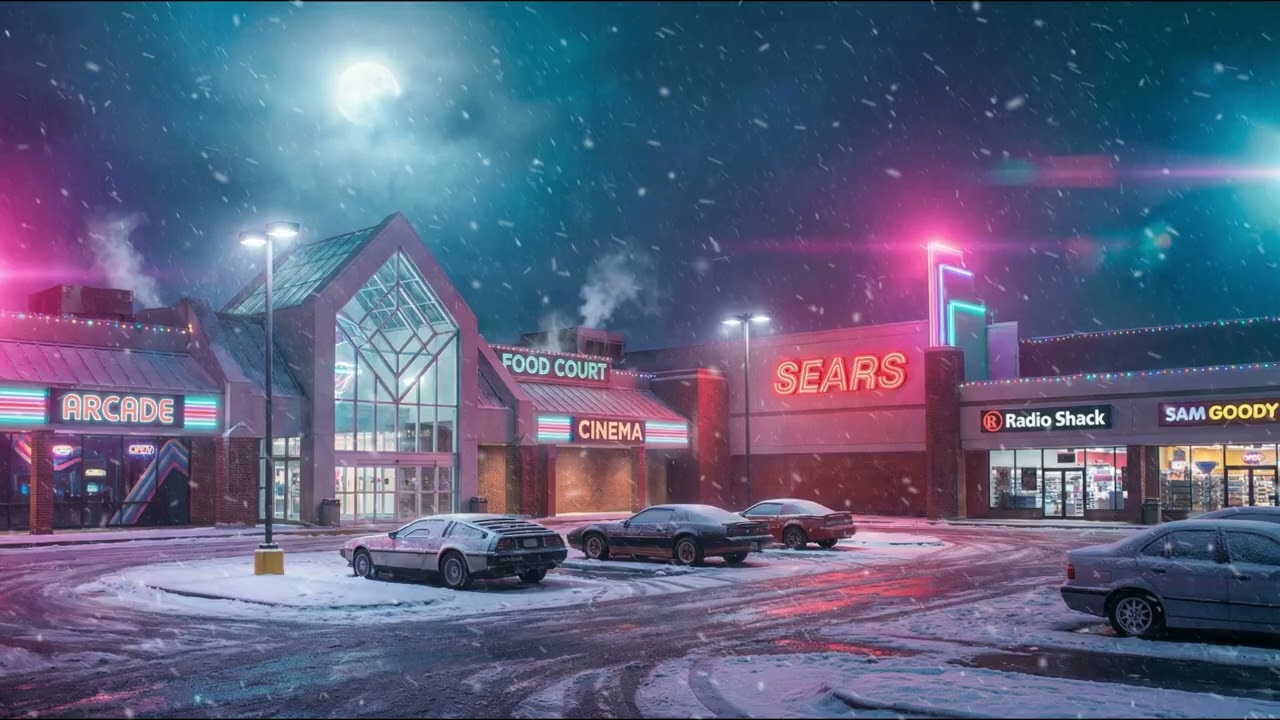 Synthwave 1980s Mall | Neon Lights, Snowfall, Retro Cars