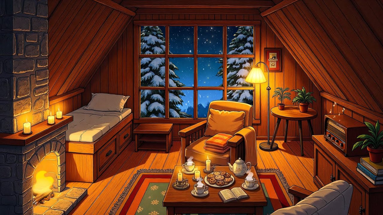 1950s oldies playing in another room on a snowy night cozy fireplace relax, unwind, sleep