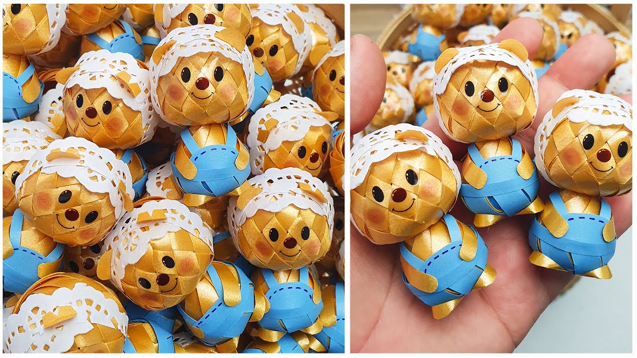 สอนทำเหรียญโปรยทาน “หมีเนย” น่ารักขั้นสุด! สานง่าย ทำตามได้ | LOOKNAM RIBBON ART