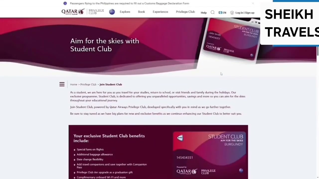 How to Make Student Club Card in Qatar Airline website 