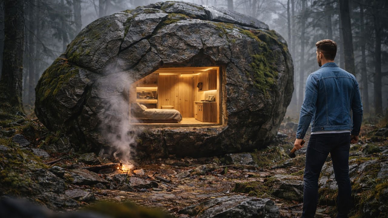 Building a House Inside a Rock (ASMR) – This Man Built a Cozy Home Inside Solid Rock