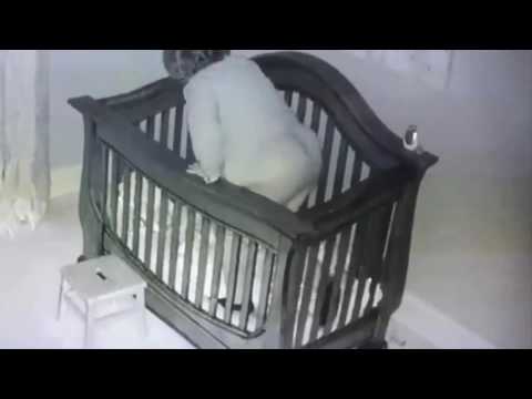 Funny moment Grandma falls into cot trying to put baby to sleep