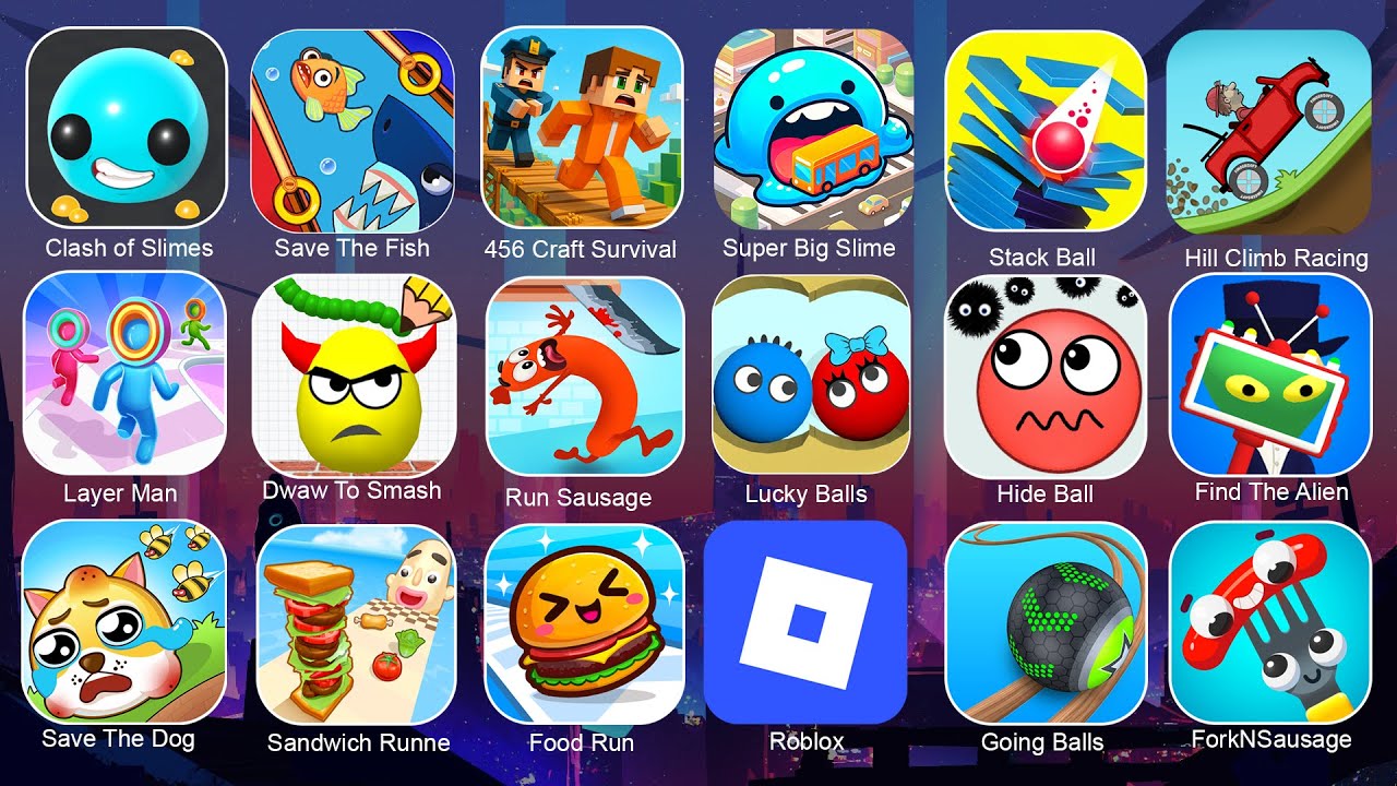 Roblox, 456 Craft Survival, Find The Alien, Lucky Balls, Draw to Smash, Super Big Slime, Hide Ball