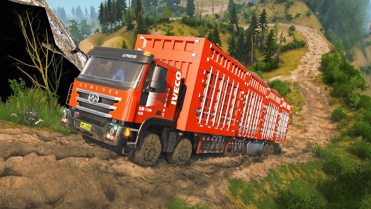 Long Sand Truck Struggles to Climb a Steep Muddy Hill – MudRunner Challenge!