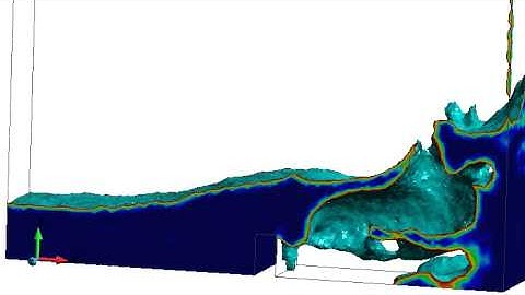 Koshizuka dam break experiment in 3D solved using fixed mesh PFEM2