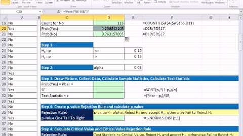 Excel 2010 Statistics 86: Hypothesis Test for Proportions using p-value or Critical Value