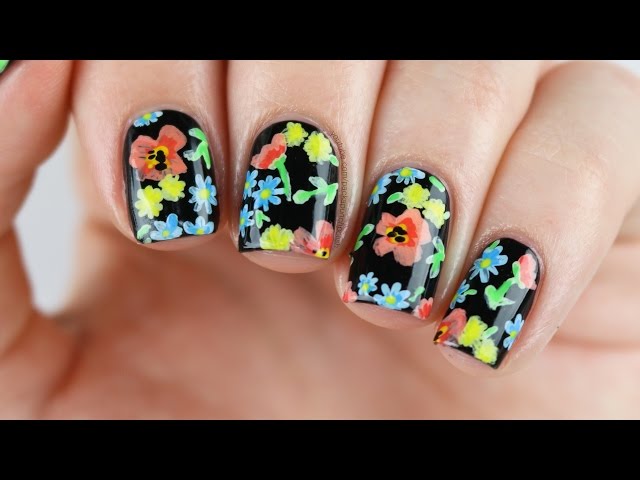 Black Floral Nail Art