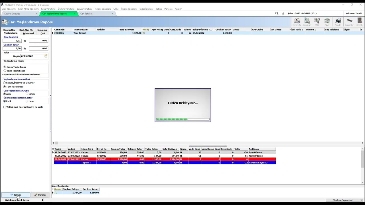 AKINSOFT WOLVOX ERP Finans Yönetimi - Cari Yaşlandırma Raporu