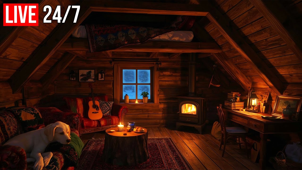 Peaceful Sleep in a Winter Attic - Fireplace Crackle, Snowstorm Outside and Deep Sleep Ambience