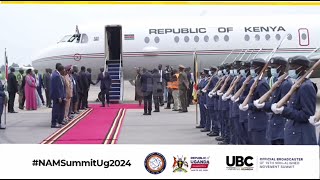 President of Kenya H.E. William Ruto arriving at Entebbe Airport  for IGAD and the 19th NAM Summit.
