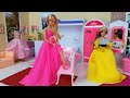 Two Barbie Dolls  Morning Bedroom Bunkbed Routine. Cute Pink Dress for Barbie in DIY Mini Doll House
