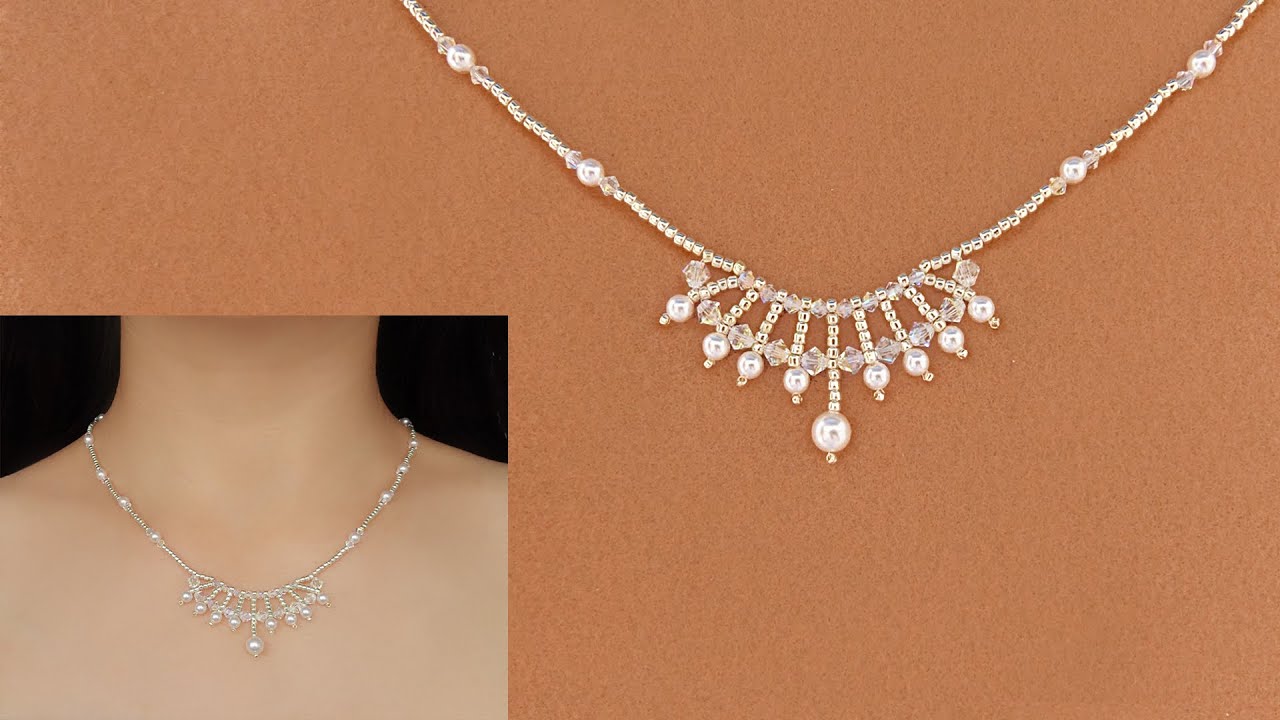 DIY Elegant White Pearl and Crystal Beaded Pendant Necklace. How to Make Beaded Jewelry. 白珍珠水晶串珠项链