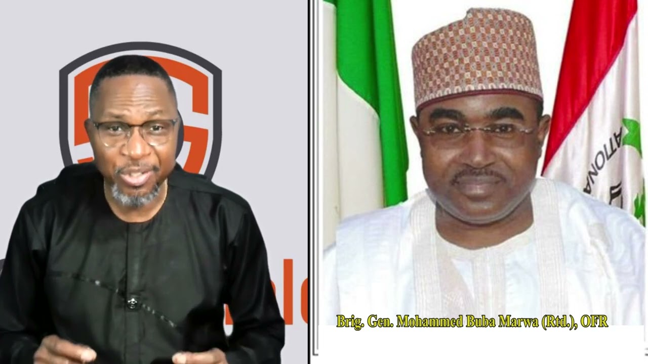 Dr. Oludare Ogunlana speaking alongside Brigadier General Mohamed Buba Marwa during a virtual security discussion, with the OSRS logo visible behind Dr. Ogunlana and the Nigerian flag behind General Marwa.