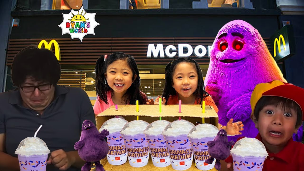 Ryan's World Family Ryan Kaji & Dad & Sisters Emma Kate try Grimace Shake Trend in Real Life