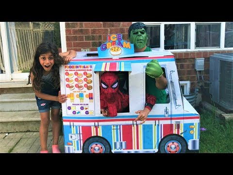 Kids pretend play with Marvel Avengers in real life ice cream truck surprise