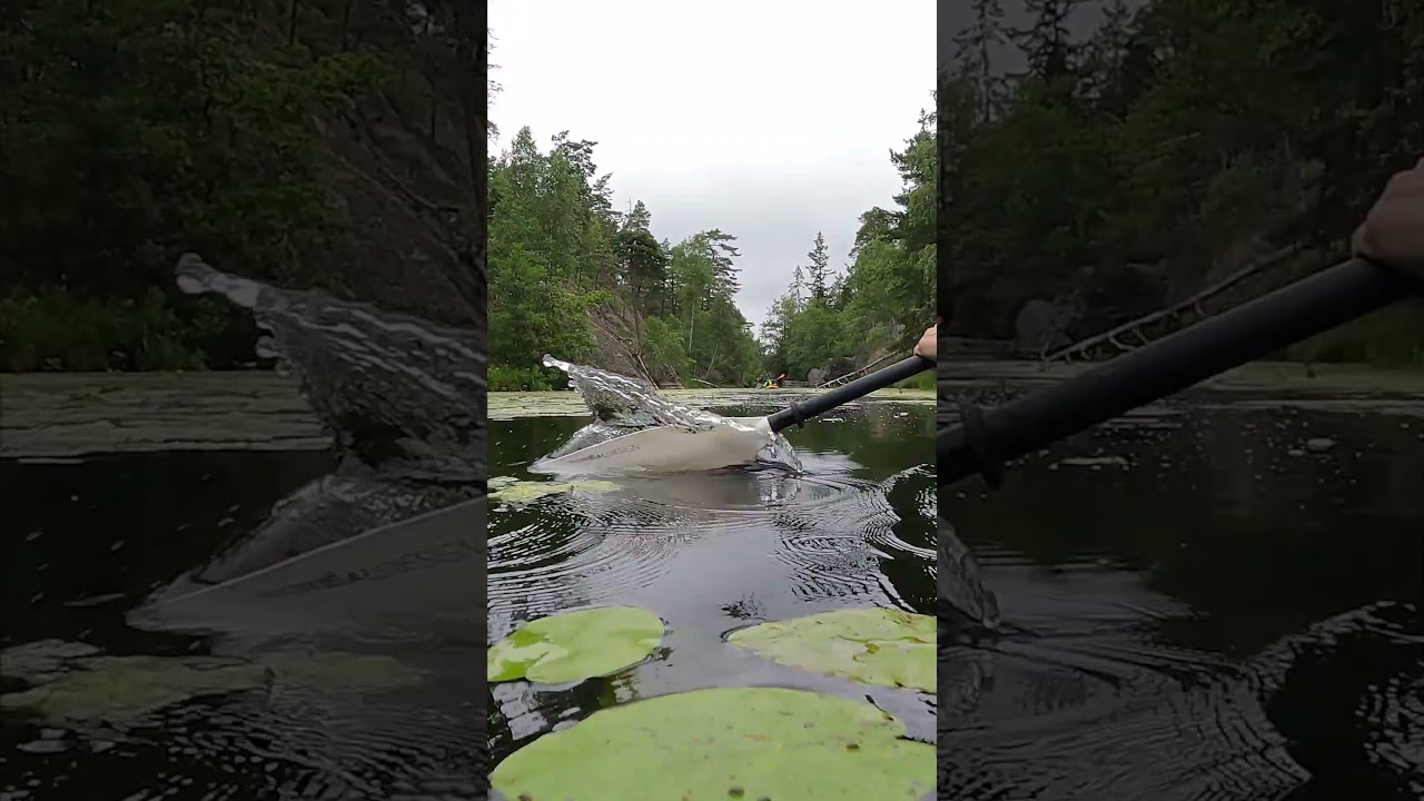 River kayaking trip from the perspective of the paddle - left side (inflatable kayak on Ältaån)