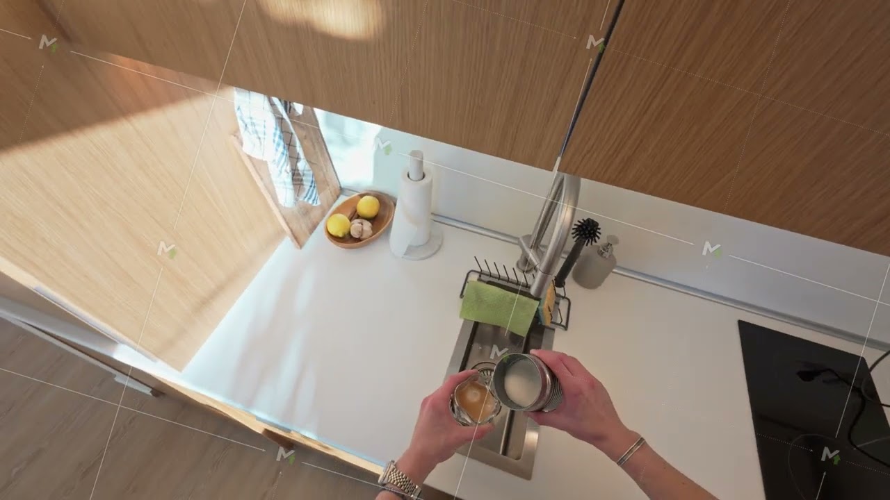 Brewing morning coffee in minimalist kitchen, highlighting clean lines, bright interior