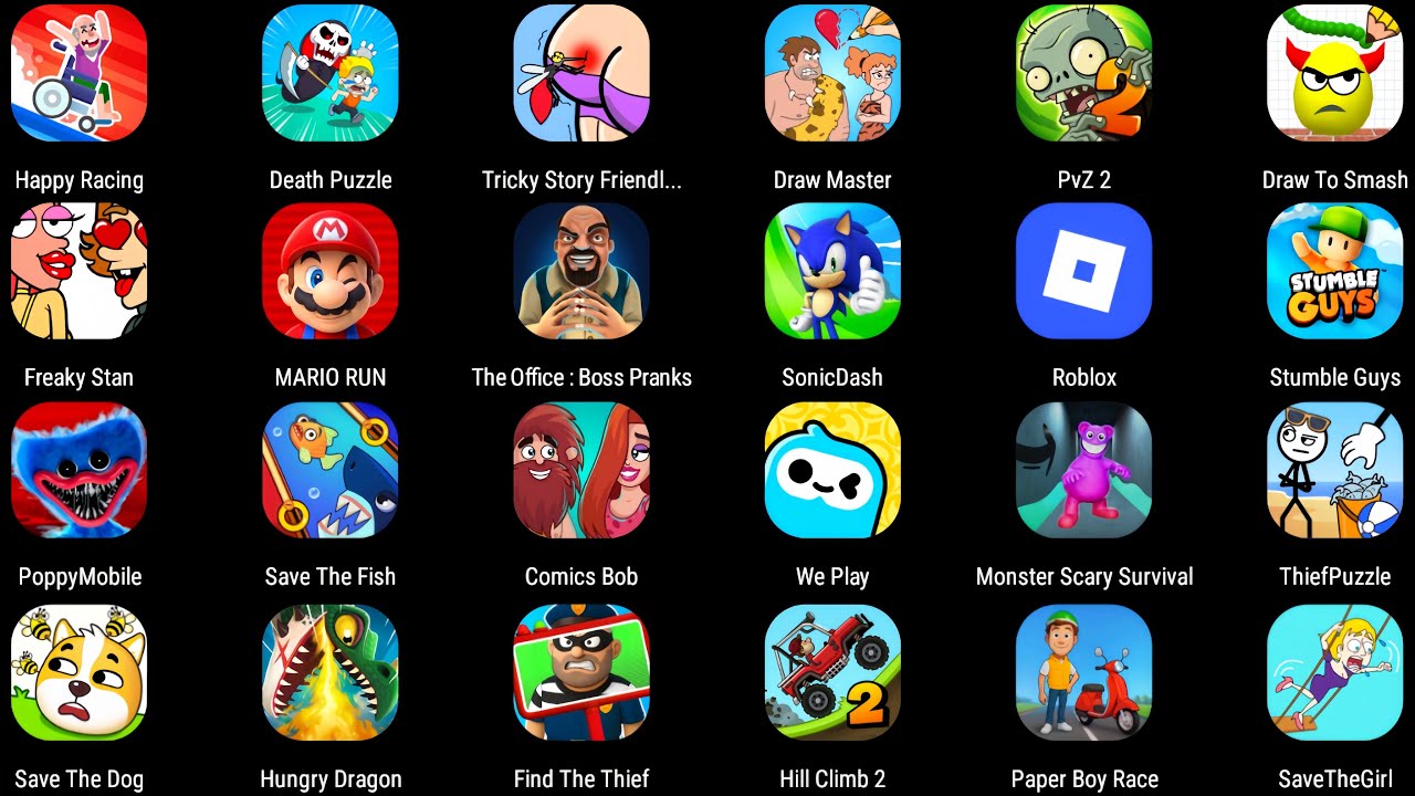 Roblox,Poppy Playtime 4,Grimace Monster Scary Survival,Thief Puzzle,Granny,Stumble Guys,Temple Run 2