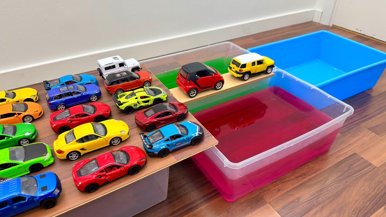 Various Toy Cars Drive Over a Bridge – Which One Will Fall Into the Water? 