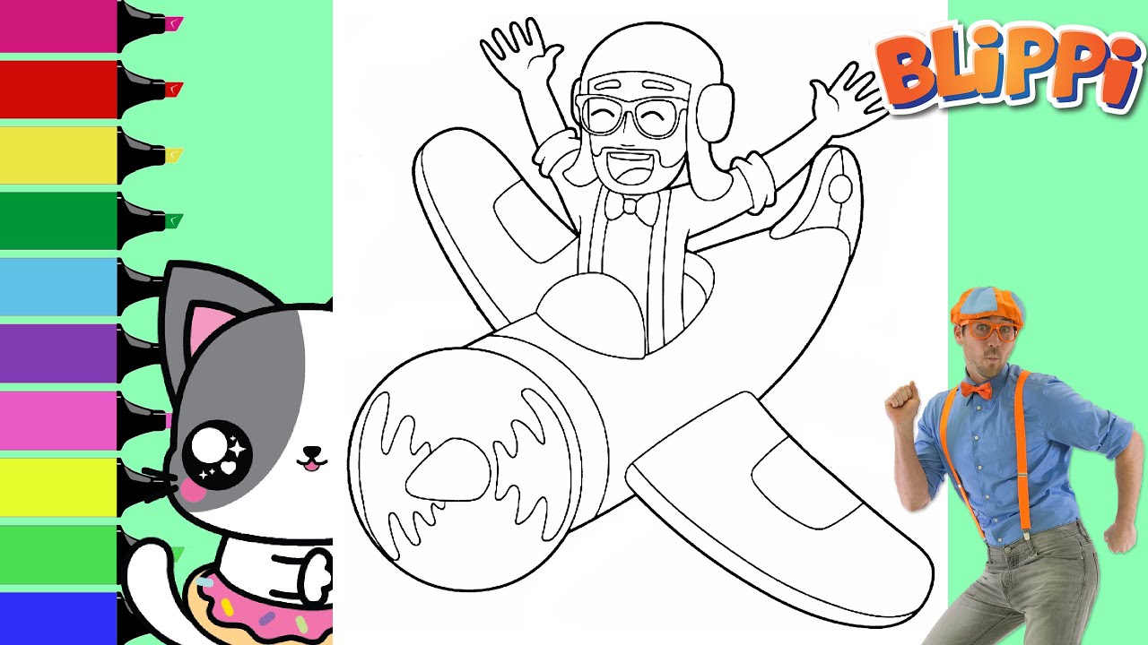 Coloring Blippi Flying in a Airplane Coloring Book Page | Sprinkled ...