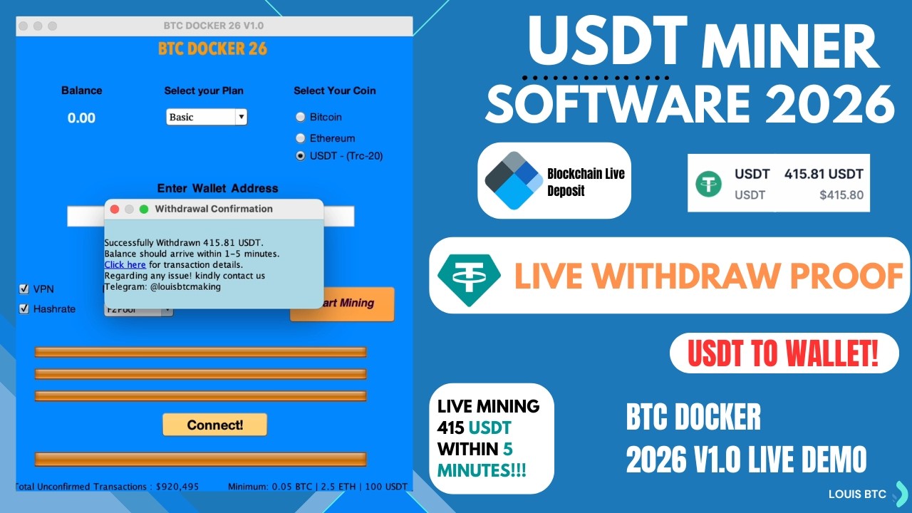 BEST USDT MINER 2026 | BTC DOCKER 26 DEMO | LIVE USDT WITHDRAW TO BLOCKCHAIN WALLET!