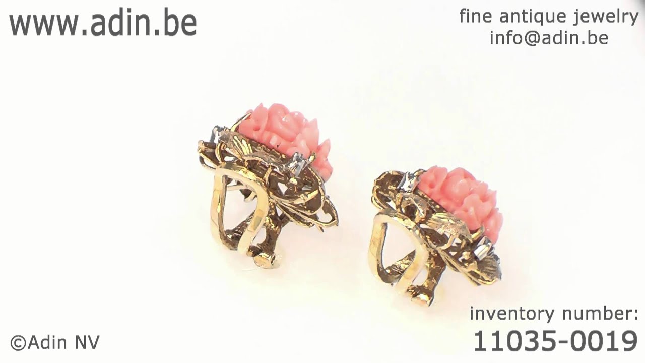 Gold Estate Earclips With Carved Roses In Pink Coral Set With Diamonds Description Par Door Adin Bijoux Anciens